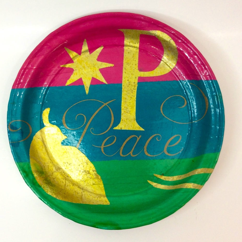 Pottery Barn Pink Green Gold Peace Decorative Tray